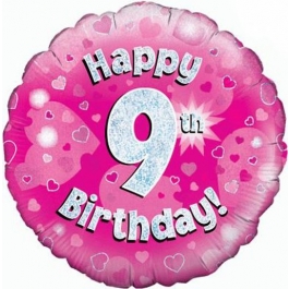 Luftballon aus Folie zum 9. Geburtstag, Happy 9th Birthday Pink