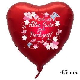 Roter Herzluftballon Alles Gute zur Hochzeit. Blumenranken