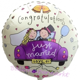 Congratulations, Just Married, Rundballon, Luftballon aus Folie zur Hochzeit