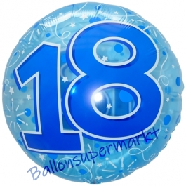 Lucid Blue Birthday 18, transparenter Folienballon zum 18. Geburtstag inklusive Helium