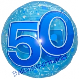 Lucid Blue Birthday 50, transparenter Folienballon zum 50. Geburtstag inklusive Helium
