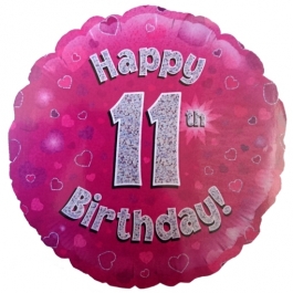 Luftballon aus Folie zum 11. Geburtstag, Happy 11th Birthday Pink