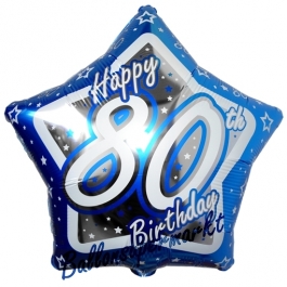 Luftballon aus Folie mit Helium, Happy Birthday Blue Star 80, zum 80. Geburtstag