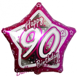 Luftballon aus Folie mit Helium, Happy Birthday Pink Star 90, zum 90. Geburtstag