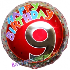 Luftballon aus Folie zum 9. Geburtstag, Happy Birthday Milestone 9, inklusive Ballongas