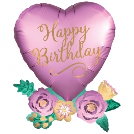 Happy Birthday Satin Herz mit Blumen Luftballon zum Geburtstag mit Helium Ballongas