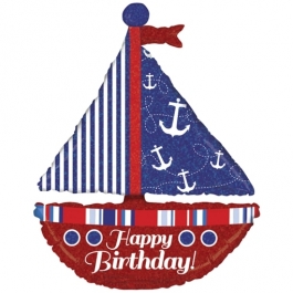 Luftballon Happy Birthday Segelboot zum Geburtstag, holografisch, ohne Helium