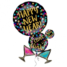 Großer Cluster Luftballon aus Folie zu Silvester und Neujahr, Happy New Year, Martinigläser