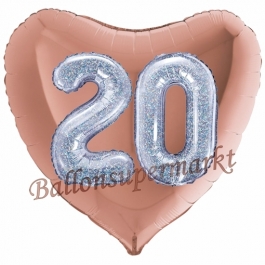 Herzluftballon Jumbo Zahl 20, rosegold-silber-holografisch mit 3D-Effekt zum 20. Geburtstag