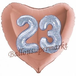 Herzluftballon Jumbo Zahl 23, rosegold-silber-holografisch mit 3D-Effekt zum 23. Geburtstag
