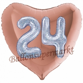 Herzluftballon Jumbo Zahl 24, rosegold-silber-holografisch mit 3D-Effekt zum 24. Geburtstag