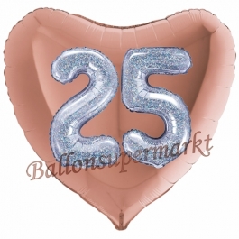 Herzluftballon Jumbo Zahl 25, rosegold-silber-holografisch mit 3D-Effekt zum 25. Geburtstag