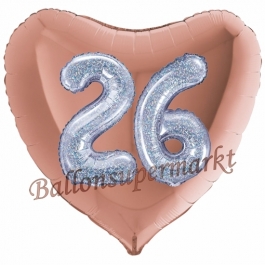 Herzluftballon Jumbo Zahl 26, rosegold-silber-holografisch mit 3D-Effekt zum 26. Geburtstag