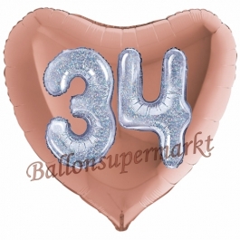 Herzluftballon Jumbo Zahl 34, rosegold-silber-holografisch mit 3D-Effekt zum 34. Geburtstag