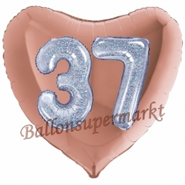 Herzluftballon Jumbo Zahl 37, rosegold-silber-holografisch mit 3D-Effekt zum 37. Geburtstag