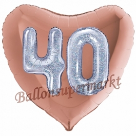 Herzluftballon Jumbo Zahl 40, rosegold-silber-holografisch mit 3D-Effekt zum 40. Geburtstag