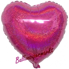 Holografischer Herzluftballon aus Folie, Fuchsia, mit Ballongas Helium