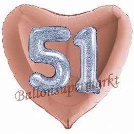Herzluftballon Jumbo Zahl 51, rosegold-silber-holografisch mit 3D-Effekt zum 51. Geburtstag