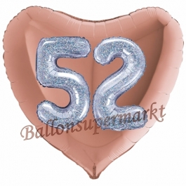 Herzluftballon Jumbo Zahl 52, rosegold-silber-holografisch mit 3D-Effekt zum 52. Geburtstag