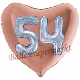 Herzluftballon Jumbo Zahl 54, rosegold-silber-holografisch mit 3D-Effekt zum 54. Geburtstag