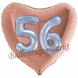 Herzluftballon Jumbo Zahl 56, rosegold-silber-holografisch mit 3D-Effekt zum 56. Geburtstag
