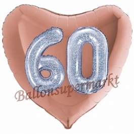 Herzluftballon Jumbo Zahl 60, rosegold-silber-holografisch mit 3D-Effekt zum 60. Geburtstag