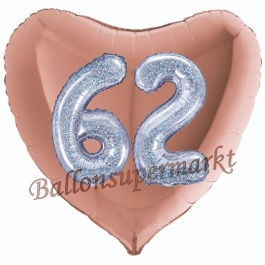 Herzluftballon Jumbo Zahl 62, rosegold-silber-holografisch mit 3D-Effekt zum 62. Geburtstag