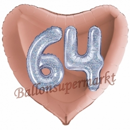 Herzluftballon Jumbo Zahl 64, rosegold-silber-holografisch mit 3D-Effekt zum 64. Geburtstag