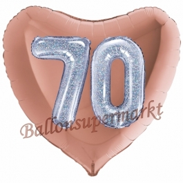 Herzluftballon Jumbo Zahl 70, rosegold-silber-holografisch mit 3D-Effekt zum 70. Geburtstag