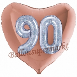 Herzluftballon Jumbo Zahl 90, rosegold-silber-holografisch mit 3D-Effekt zum 90. Geburtstag