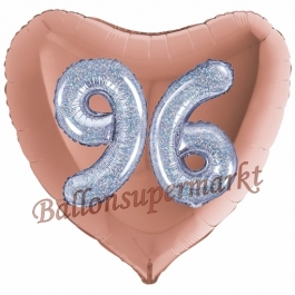 Herzluftballon Jumbo Zahl 96, rosegold-silber-holografisch mit 3D-Effekt zum 96. Geburtstag