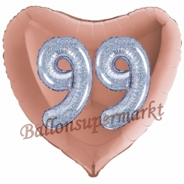 Herzluftballon Jumbo Zahl 99, rosegold-silber-holografisch mit 3D-Effekt zum 99. Geburtstag