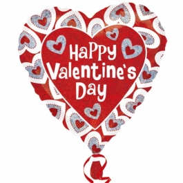 Holografischer Herzluftballon aus Folie ,Happy Valentines Day mit Herzrahmen, ohne Helium