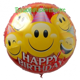 Großer runder Luftballon, Happy Birthday Smileys zum Geburtstag, Ballon ohne Helium