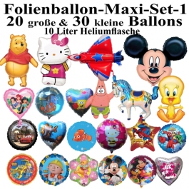 Folienballon-Maxi-Set-1, 50 Luftballons aus Folie mit der 10 Liter Ballongasflasche
