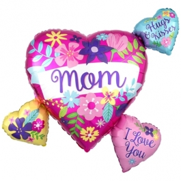 Mom Flowers Heart Cluster, Luftballon aus Folie mit Helium zum Muttertag