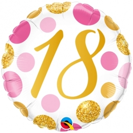 Luftballon zum 18. Geburtstag, Pink & Gold Dots 18, ohne Helium-Ballongas