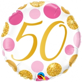 Luftballon aus Folie mit Helium, Pink & Gold Dots 50, zum 50. Geburtstag