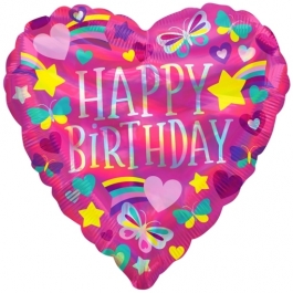 Happy Birthday Rainbow Hearts, glänzender Luftballon aus Folie mit Helium