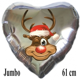Jumbo Folienballon Rentier Rudolph, 61 cm Herz, silber, ohne Helium/Ballongas