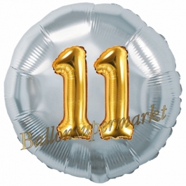 Runder Luftballon Jumbo Zahl 11, silber-gold mit 3D-Effekt zum 11. Geburtstag