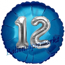 Runder Luftballon Jumbo Zahl 12, blau-silber mit 3D-Effekt zum 12. Geburtstag