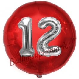 Runder Luftballon Jumbo Zahl 12, rot-silber mit 3D-Effekt zum 12. Geburtstag
