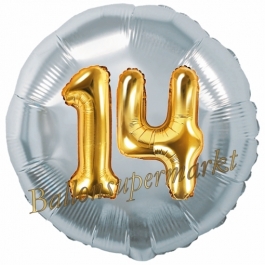 Runder Luftballon Jumbo Zahl 14, silber-gold mit 3D-Effekt zum 14. Geburtstag