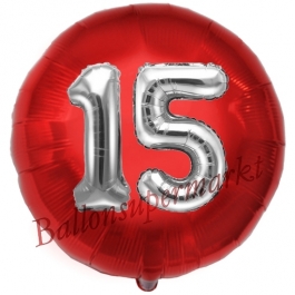 Runder Luftballon Jumbo Zahl 15, rot-silber mit 3D-Effekt zum 15. Geburtstag