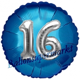 Runder Luftballon Jumbo Zahl 16, blau-silber mit 3D-Effekt zum 16. Geburtstag