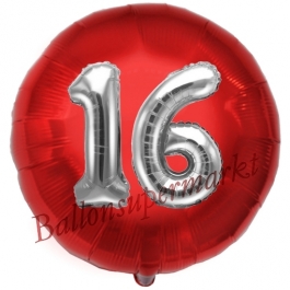 Runder Luftballon Jumbo Zahl 16, rot-silber mit 3D-Effekt zum 16. Geburtstag