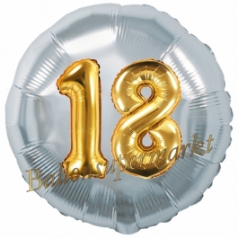 Runder Luftballon Jumbo Zahl 18, silber-gold mit 3D-Effekt zum 18. Geburtstag