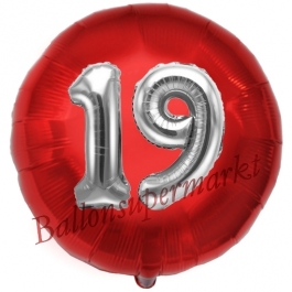 Runder Luftballon Jumbo Zahl 19, rot-silber mit 3D-Effekt zum 19. Geburtstag
