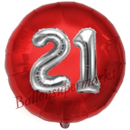 Runder Luftballon Jumbo Zahl 21, rot-silber mit 3D-Effekt zum 21. Geburtstag